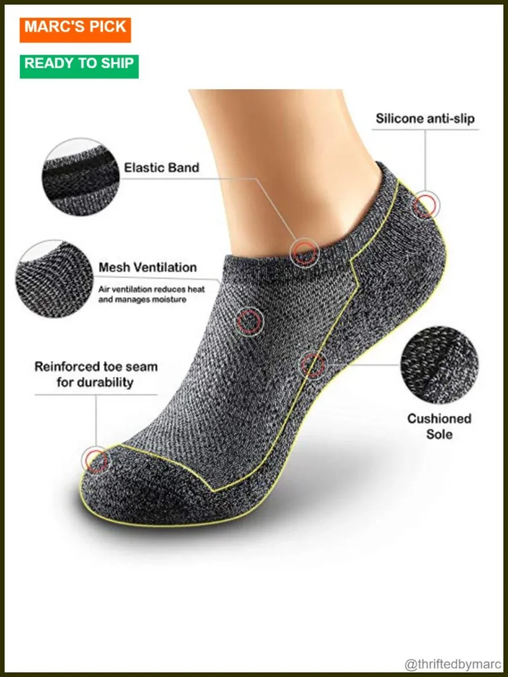 5 Pairs No Show Cushion Non Slip Socks